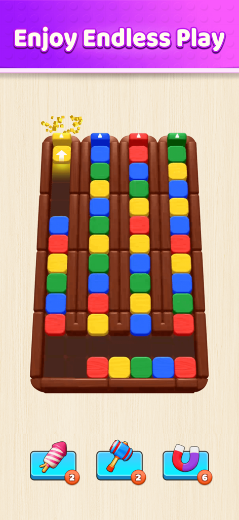 Gameplay-Bildschirm von Slide Block Rush mit bunten Blockspalten und Power-Up-Symbolen unter dem Text Enjoy Endless Play