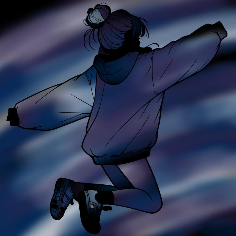 realistic girl jumping with a bun and oversized sweatshirt
