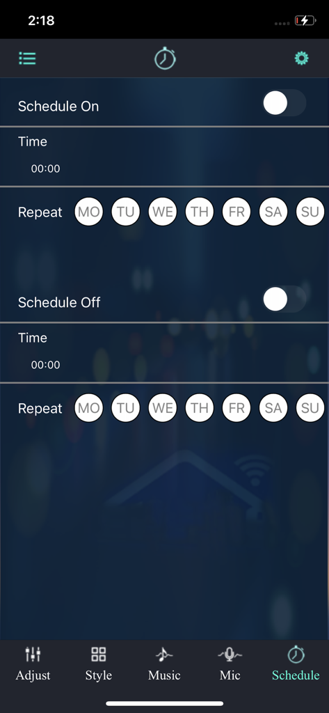 The schedule settings screen of the Magic-Lantern app for automating LED light strip on and off times.
