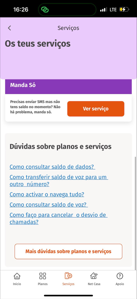 MyUnitel mobile app services section showing options for managing plans and a list of frequently asked questions regarding balance and data.