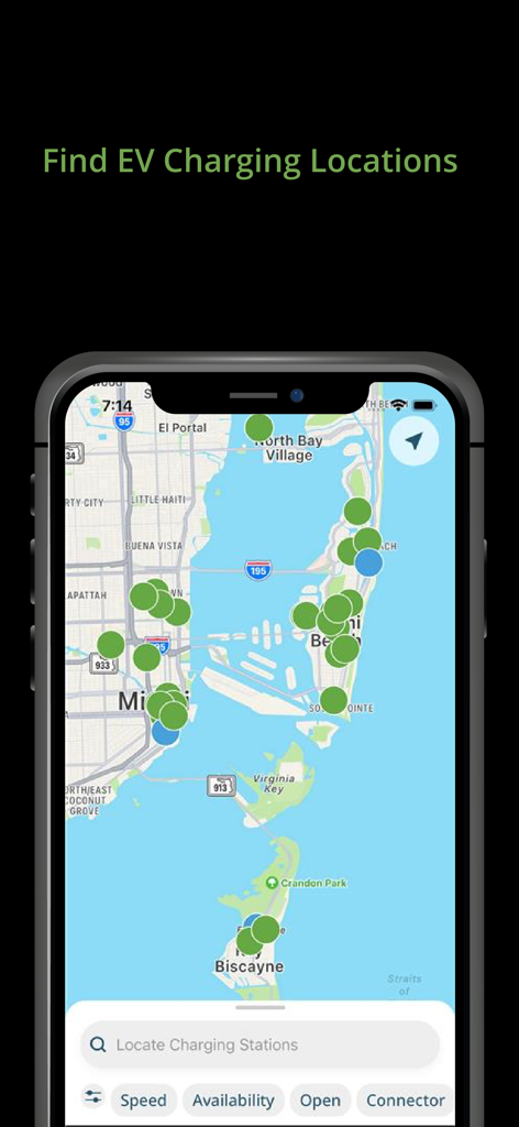 Blink Charging Mobile App - Vue de la carte de l'application mobile Blink Charging montrant les emplacements des bornes de recharge pour véhicules électriques et les filtres de recherche