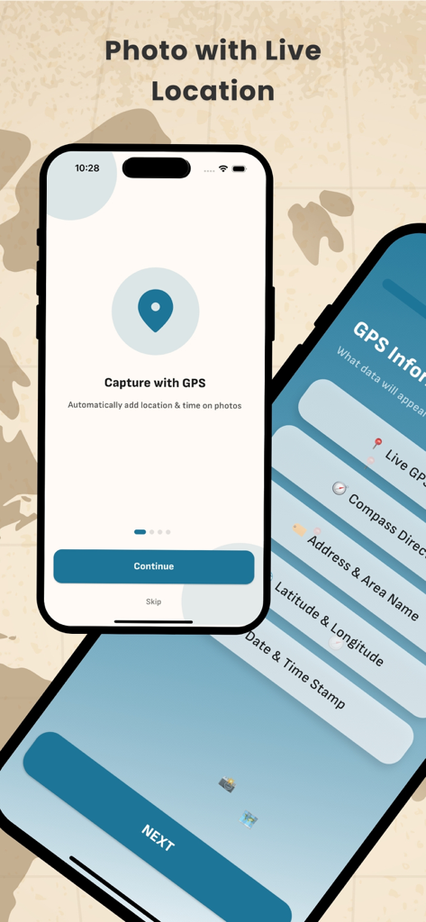GPS Camera with Location - Interface of the GPS Camera app showing setup for adding location coordinates and timestamps to photos