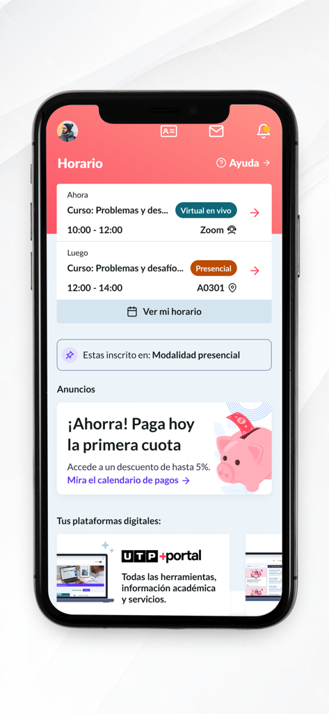 Dashboard der mobilen UTP Plus App mit Stundenplan und Universitätsbenachrichtigungen