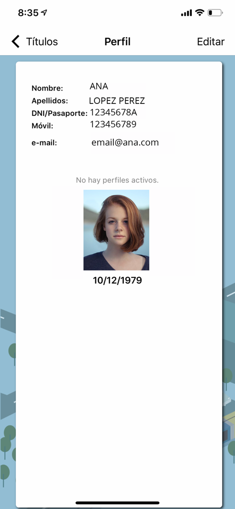 Pantalla de perfil de la aplicación Via-Movil que muestra información del usuario y una foto de perfil.