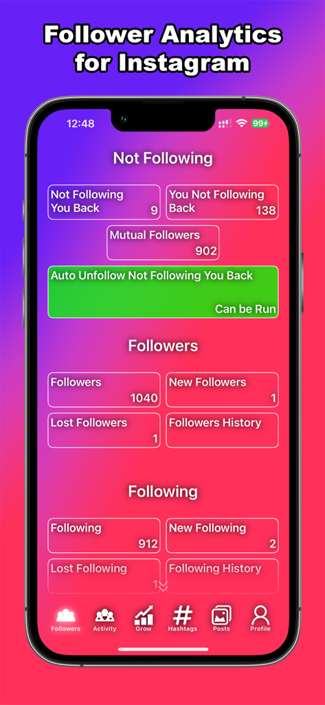 My Followers-Unfollowers Track - Instagramフォロワートラッカーダッシュボード。フォロワー、フォロー中、フォロー解除者の分析を表示しています。
