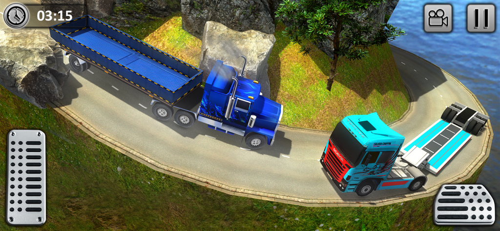 Gold Transporter Truck Drive - Dos camiones grandes conduciendo por una estrecha y sinuosa carretera de montaña con vistas al mar en un juego de simulación.