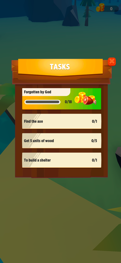 Survival Island - Build a City - 斧を見つけて木材を集めるなどの目標を示す、サバイバルアイランドのモバイルゲームのタスクメニュー。