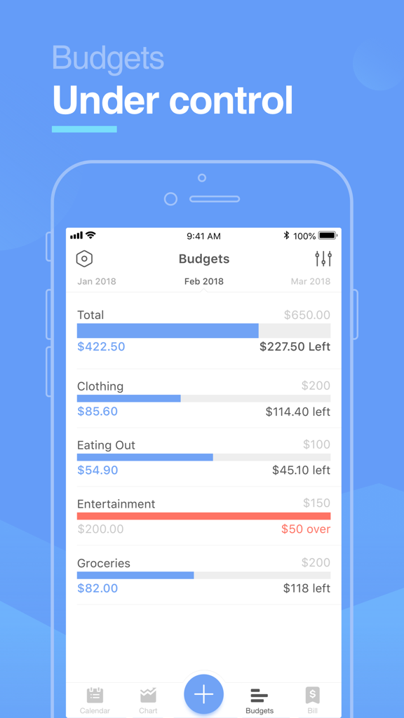 Pocket Expense Pro app interface showing budget tracking categories and spending progress bars on an iPhone.