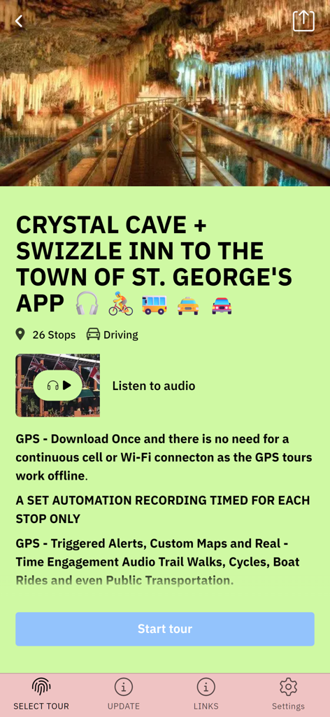 BERMUDA SMART TOURS - Pantalla de la aplicación Bermuda Smart Tours para el recorrido en coche por Crystal Cave y St George, con opciones de audio guía
