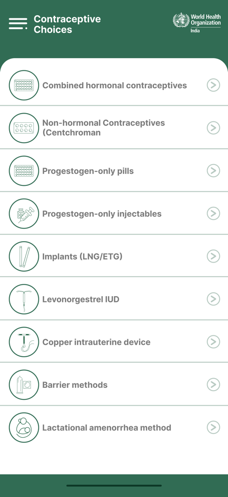 Menu screen of the India Adapted WHO MEC Wheel app showing various contraceptive methods like hormonal pills and intrauterine devices.
