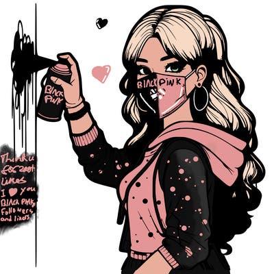 realistic girl with mask spray painting a wall