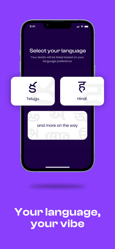 Dostt App: Talk & Feel Better - Schermata di selezione della lingua nell'app Dostt che mostra le opzioni per Telugu e Hindi
