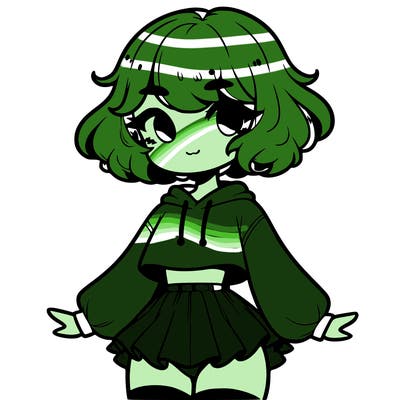 cute femboy with short, fluffy hair that softly frames their face, wearing a cropped hoodie, paired with a flouncy short skirt, and thigh-high stockings