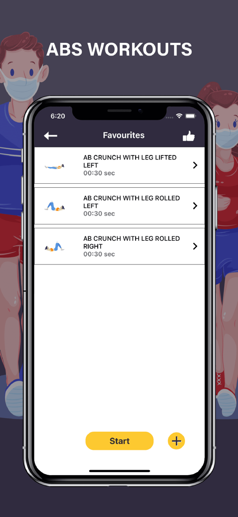 Abs Workout Fit Body Exercises - Pantalla móvil de la aplicación Abs Workout que muestra una lista personalizada de ejercicios abdominales favoritos.