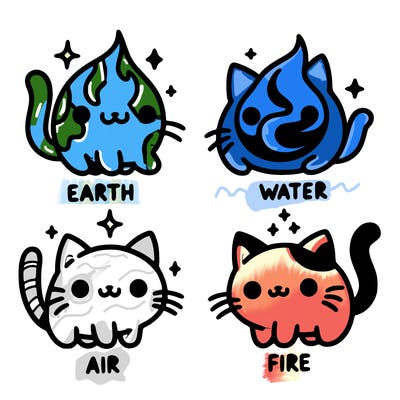 4 cats that represent the different elements, earth, water, air, and fire