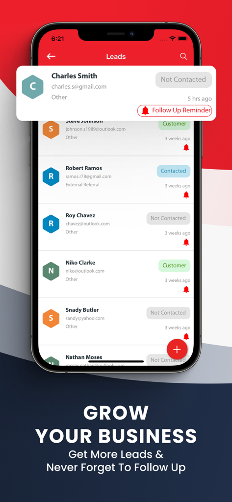 Contractor+ - Contractor plus app lead management screen with follow up reminders