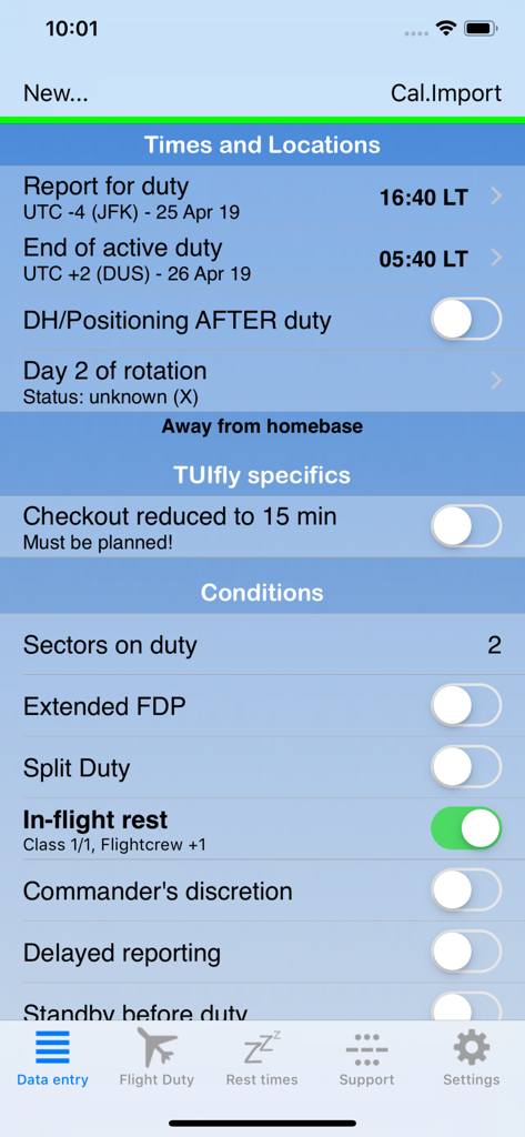 EASA vs Airline FTL - Data entry screen for calculating pilot flight duty and rest times under EASA regulations.