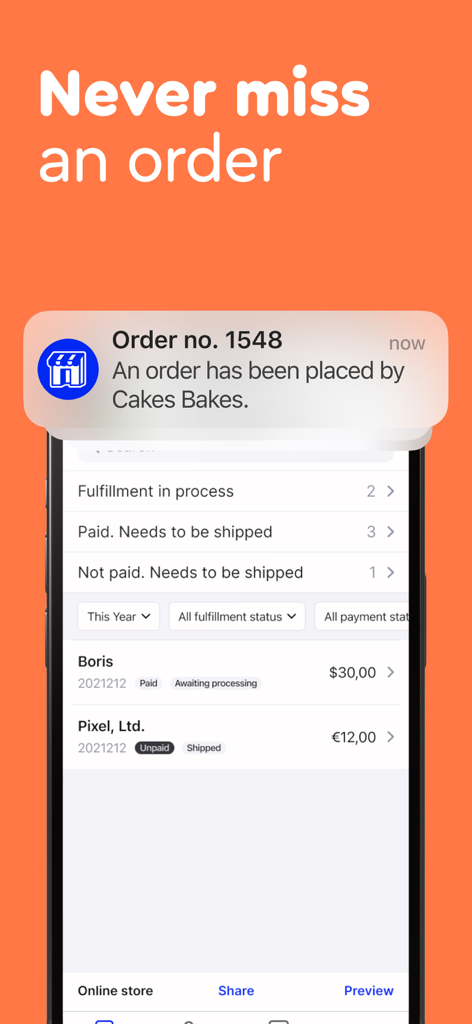 Smartphone screen showing a push notification for a new order and the Billdu order management dashboard.