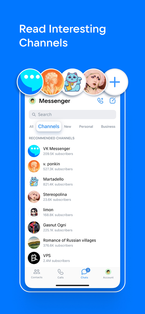 Interfaccia dell'app mobile VK Messenger che mostra un elenco di canali interessanti consigliati con conteggi di iscritti