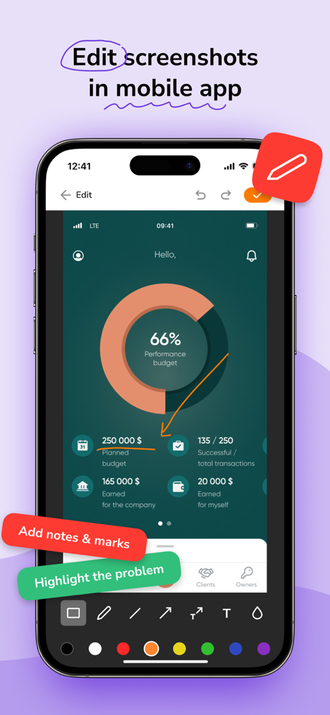 Mobile interface of the Screenia app showing screenshot editing and annotation tools