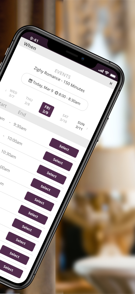 OKKAMI app interface showing hotel event scheduling and time slot selection.