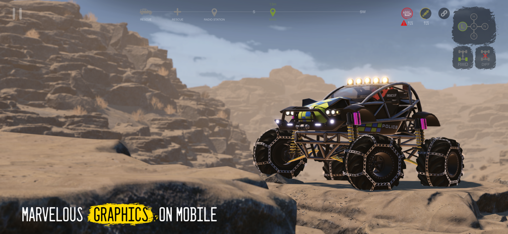 Un camión monstruo todoterreno personalizado con cadenas para neumáticos navegando por un paisaje desértico rocoso