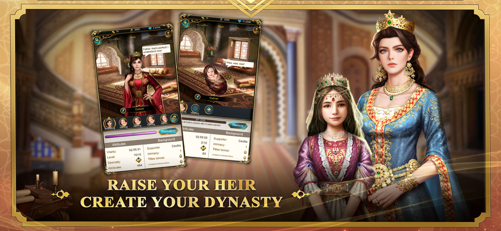 Game of Sultans - Game of Sultans sultanah and heir with empire simulation gameplay screens for building a dynasty.