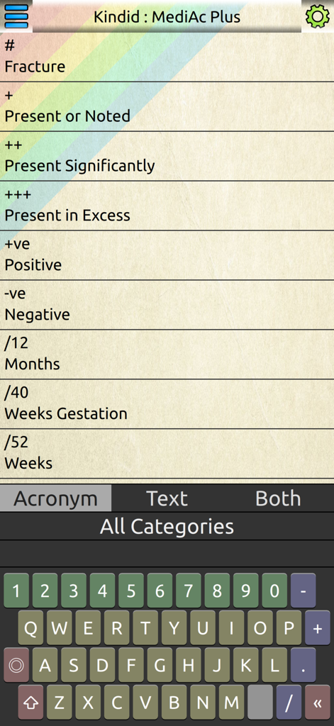 MediAc Plus - Screenshot der MediAc Plus App, die eine Liste medizinischer Akronyme und Symbole mit einer spezialisierten Suchtastatur anzeigt