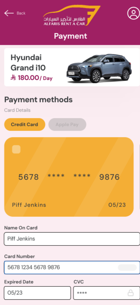 Alfaris Rent A Car - Payment checkout screen in the Alfaris Rent A Car mobile app for a Hyundai Grand i10 rental showing credit card details.