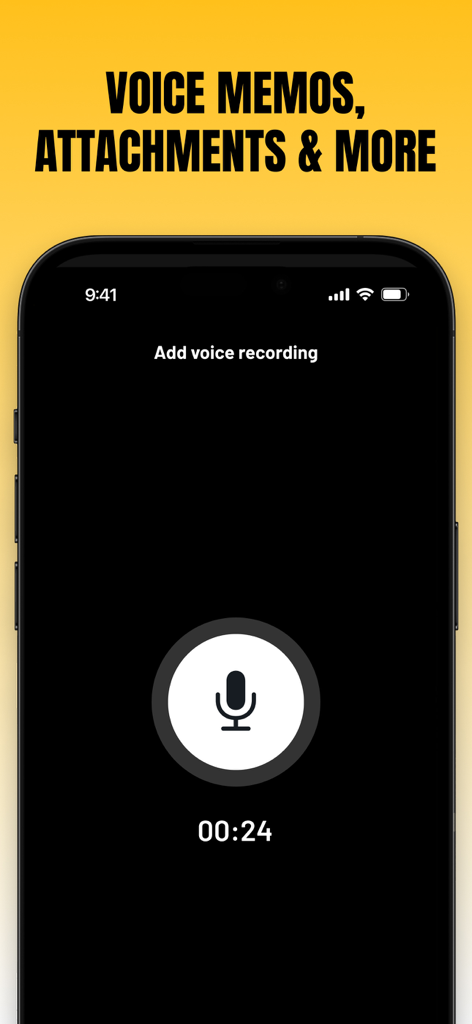 Evo - The Everything App - Interface of Evo app showing a voice memo recording screen with a large microphone icon and a timer