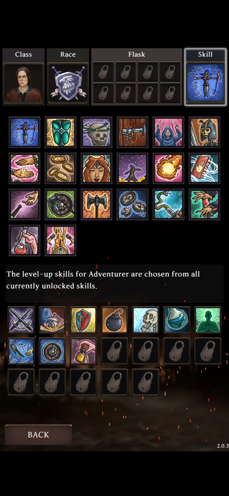 Character skill and ability selection menu in Dungeon Tracer showing various unlockable icons for a puzzle RPG