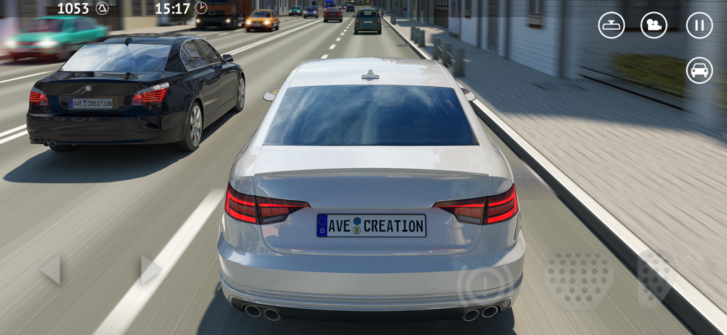 Third-person view of a silver sedan driving through a German city street in Driving Zone Germany Pro