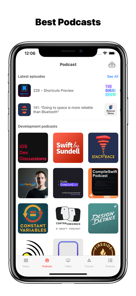 iDev: Developer News - Screenshot of the iDev app showing a collection of iOS development podcasts and latest episodes.