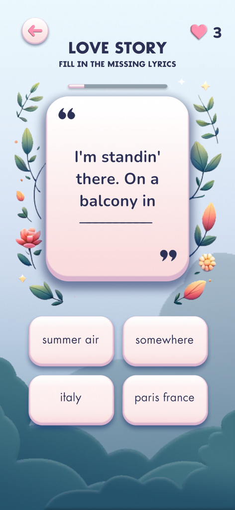 Taylor Tracks Trivia - Taylor Tracks Triviaのモバイルゲームプレイ。Love Storyの曲の欠けている歌詞を埋めるチャレンジを表示