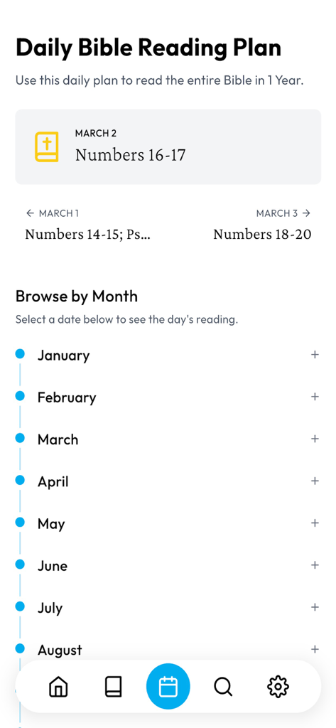 Our Daily Strength - Daily Bible Reading Plan interface in the Our Daily Strength app showing a 1-year schedule and browse by month options.