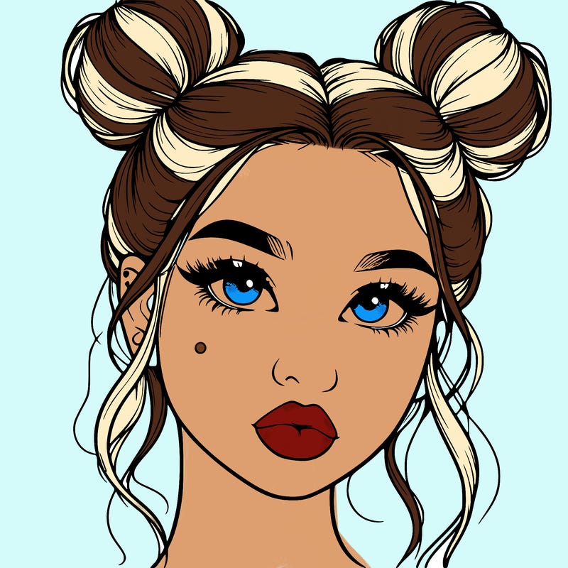realistic girl with two buns on her hair and lips