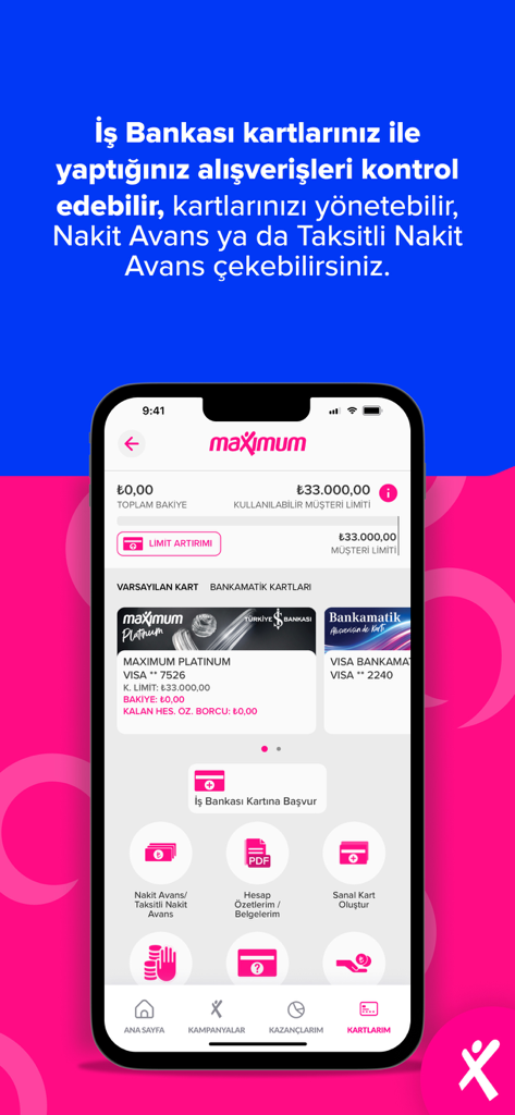 Maximum Mobil - Maximum Mobil app interface showing card balances and financial management tools