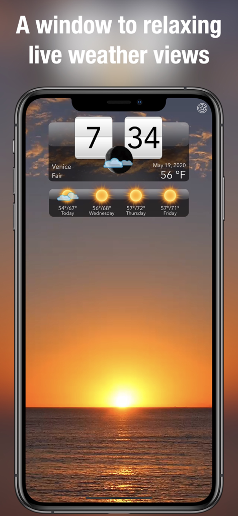 Living Weather HD Live - Living Weather HD Live app interface featuring a sunset ocean background with a digital flip clock and weather forecast widget