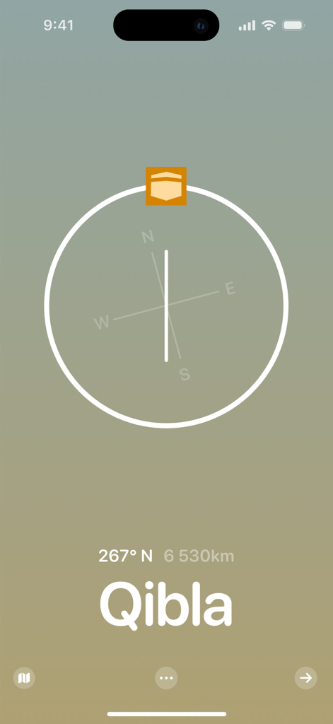 Ein minimalistischer digitaler Qibla-Kompass in der Sajda-App, der die Richtung und Entfernung zur Kaaba anzeigt