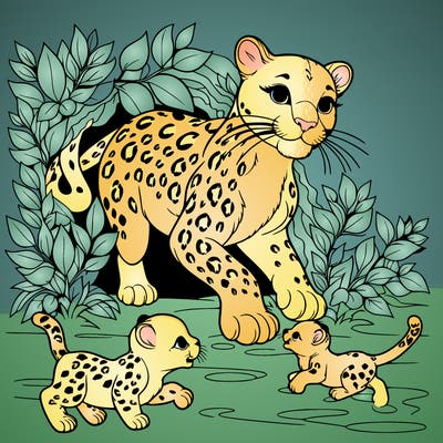 a beautiful mother leopard coming our of her den with three baby leopards playing around her