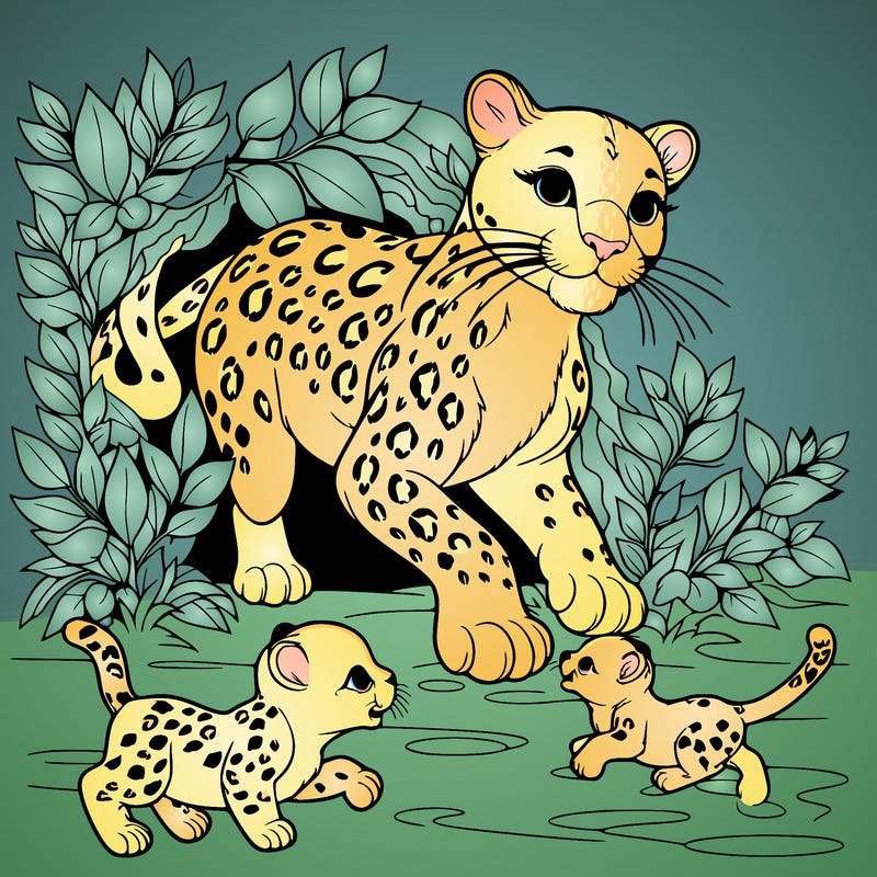 a beautiful mother leopard coming our of her den with three baby leopards playing around her