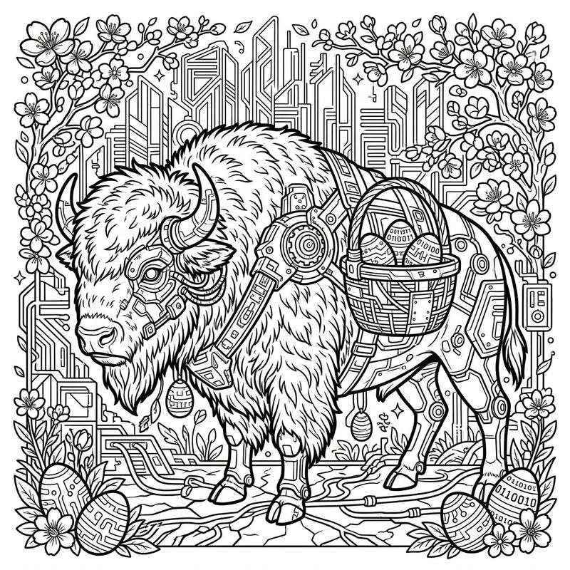 Merge tradition with tomorrow in this incredible Cyberpunk Bison Easter coloring page. Discover a majestic bison equipped with futuristic gear, ready to celebrate Easter with a basket full of high-tech eggs amidst blooming cherry blossoms and a sprawling cyber-city.