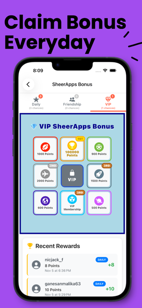 Live 4D Results app interface displaying the SheerApps Bonus screen with daily reward points and VIP membership prizes