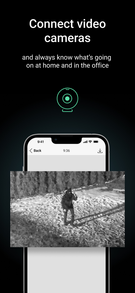 Smartphone screen displaying a security camera feed within the Ajax Security System app.