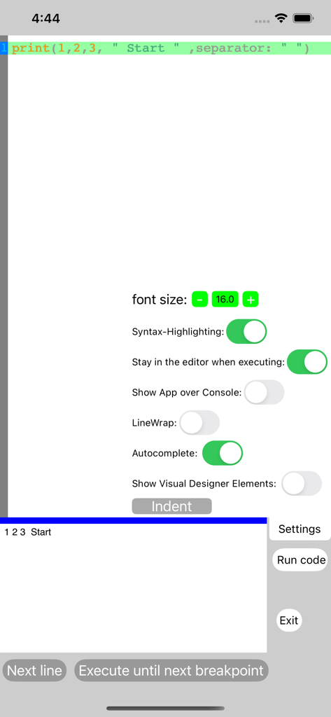 Interface of the App Designer app showing a Swift code editor with settings for syntax highlighting and autocomplete