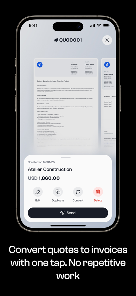 Invoice Maker: InvoEase - InvoEaseのモバイルアプリインターフェース。Atelier Constructionの見積書を表示し、ワンタップで見積書を請求書に変換するオプションを表示。