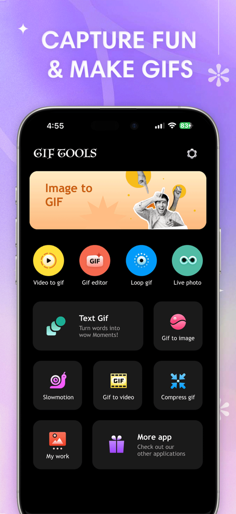 GIF Maker : Video Maker - Main interface of the GIF Maker app showing tools for video to gif and image to gif conversion