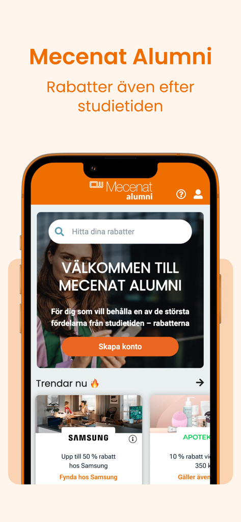 Mecenat - Mecenat Alumni App-Oberfläche mit Studentenrabatten nach dem Abschluss und Willkommensbildschirm