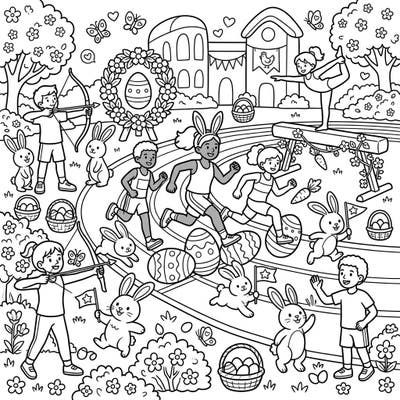 Experience a delightful fusion of athletic energy and Easter charm with this unique coloring page. Young athletes are depicted enjoying various sports alongside playful bunnies and colorful eggs, offering hours of creative fun.