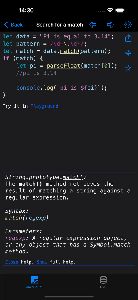 正規表現を使用したmatchメソッドのJavaScriptコードスニペットとドキュメント